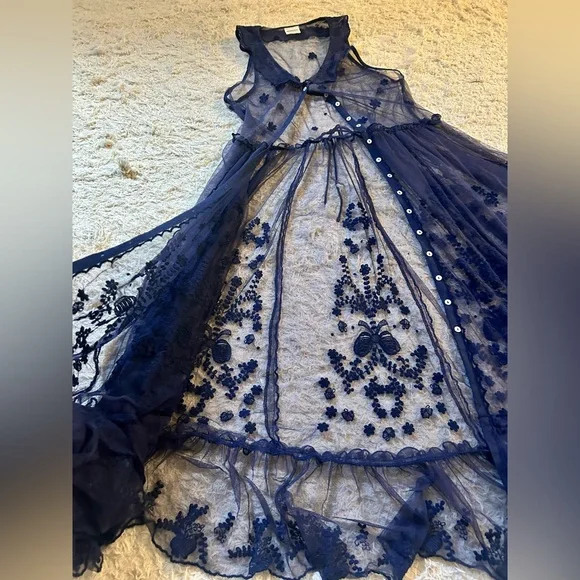 Free People Intimately Maxi Button Front Mesh Slip Dress w/ Collar Sz Small Navy - Picture 3 of 10